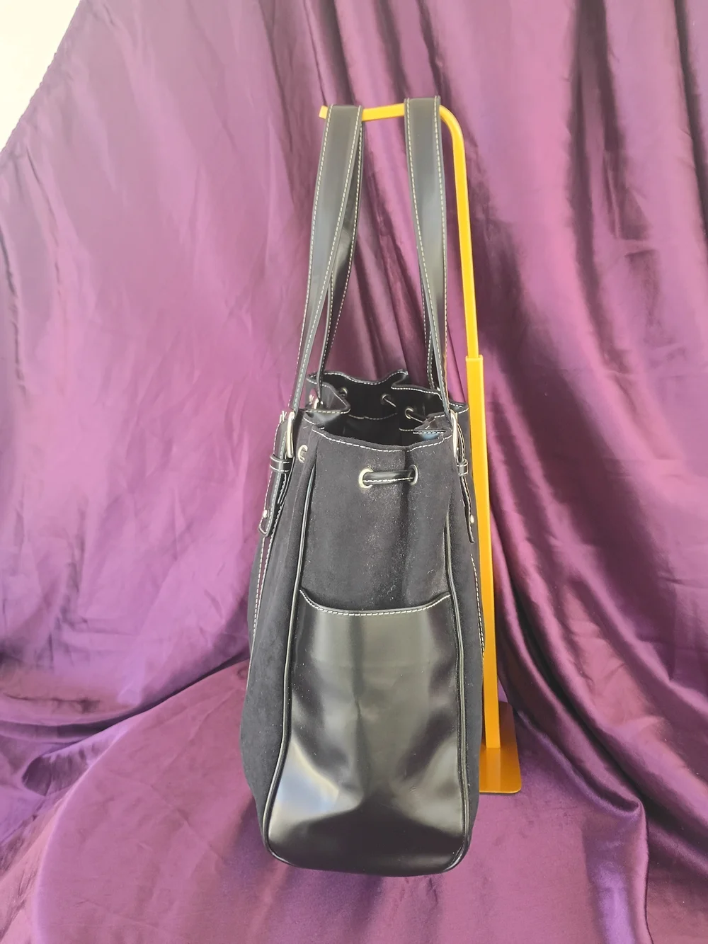 Ralph Lauren Black Suede Drawstring Tote with Leather Trim